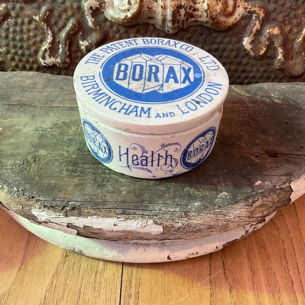 BORAX - Birmingham London Printed Base and 2 sided Printed Lid Pot Lid  - Extremely Rare - Antique English Advertising Pot