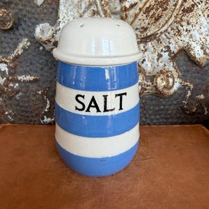 May include: A ceramic salt shaker featuring horizontal blue and white stripes. The word SALT is printed in black capital letters on the center of the body. The shaker has a rounded top with small holes for dispensing and a smooth, glossy finish.
