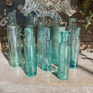 Set of 5 - Antique English Cylinder Aqua Glass Bottles - Set of 5 - Assorted Sizes