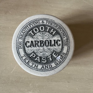 Rare Antique CARBOLIC Tooth Paste Lid w/base, Antique English Advertising Pot, c. 1900