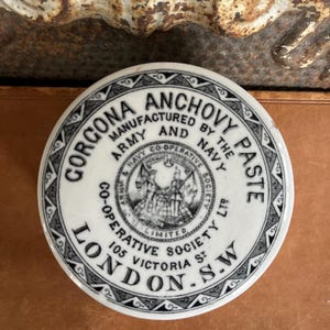 Antique Army & Navy Anchovy Paste Pot Lid - English Advertising Pottery, c. 1890