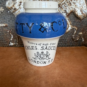 RARE* Antique Batty and Co. Pickles and Sauces Pot, Blue & White Stoneware Jar, London S.E. English Advertising Pot, c. 1890