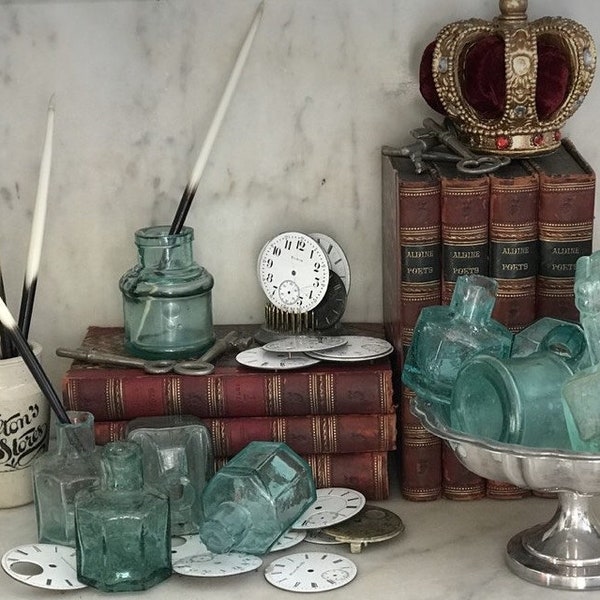 Set of 5 - Antique English Victorian Aqua Inkwells - Assorted Shapes