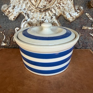 Vintage Cornishware Style Blue & White Striped Unmarked Lidded Dish, English Cottage Kitchen Pottery |