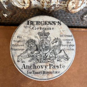 Antique English Ironstone Burgess’s Anchovy Paste Lidded Advertising Pot, c.1890