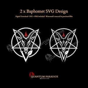 May include: Two Baphomet SVG designs featuring a white goat head inside a pentagram and circle. Above the goat head is a small red flame. The text reads 2 x Baphomet SVG Design, Digital Download, SVG + PNG included, Watermark removed in purchased files.