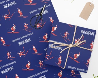 Papier d'emballage personnalisé de Noël de père Noël de ski, papier d'emballage de nom personnalisé, emballage cadeau de Noël, emballage cadeau personnalisé, emballage de saison d'hiver