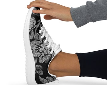 Custom Black Damask Design Women’s athletic shoes,stylish womens sneakers, black and white floral print , elegant comfortable shoes for her