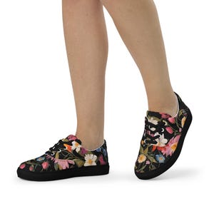 Black Floral Women's Lace-Up Canvas Shoes, Spring Athletic Sneakers, Casual Floral Print Shoes, Stylish Walking Shoes, Sneaker Gift for Her
