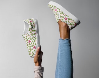 Floral Canvas Slip-On Sneakers: Pink Flower & Vine Design