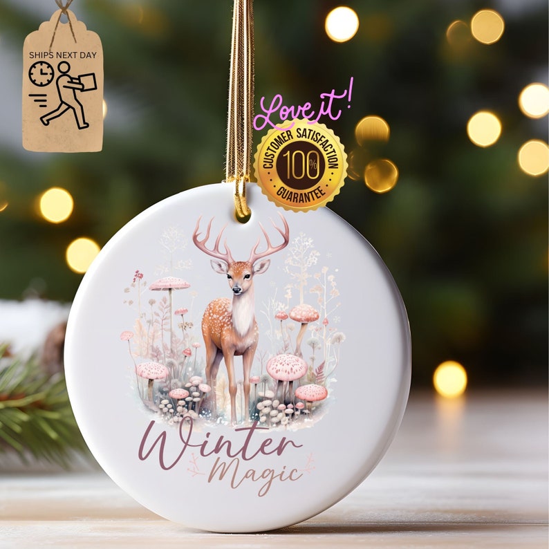 Winter Deer Ornament, Outdoor Lover Ornament, Deer and Mushrooms