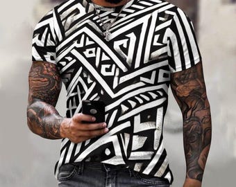 Polynesian art pattern shirt .All over print tribal Tshirt, Men&#39;s Cotton grahic T-shirt, Polynesian art graphic tee. Gift for him