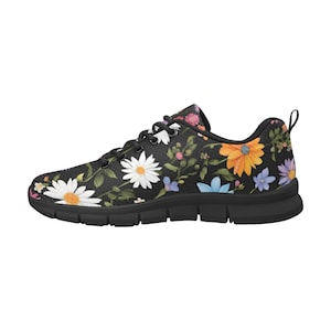 Black Floral Women's Lace-Up Canvas Shoes, Spring Casual Sneakers with Floral Print, Stylish Comfortable Walking Shoes,Gift for Her Footwear