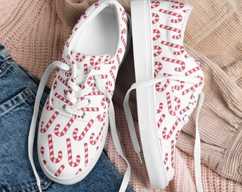 Candy Cane Christmas Sneakers: Women's Festive Canvas Lace-Ups
