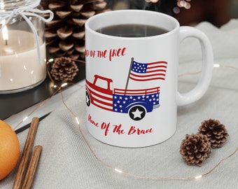 Patriotic American flag and Truck mug, for July 4th July parties and get togethers, Independence day mug, land of the free mug, America mug