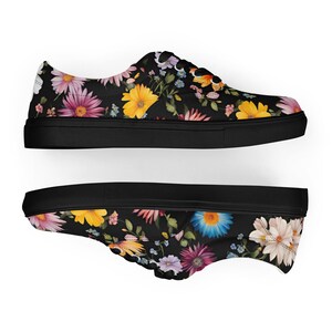 Womens Spring Floral Athletic shoes , Black base and background , Women’s lace-up canvas sneakers , Sneaker gift for her