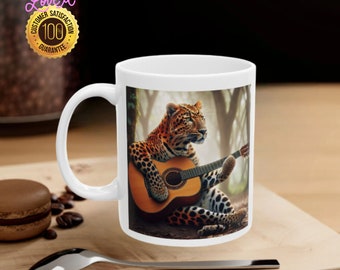 Leopard playing guitar Vintage style mug, Classic Graphic mug, guitar dad mug, Leopard lovers coffee mug, Cute birthday or fathers day gifts