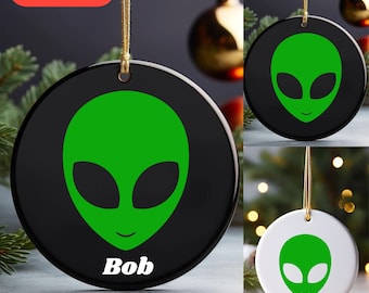 Personized Little Green Alien Christmas ornaments, Alien Ornament, Ceramic Christmas Ornament, personalized ornament,, alien gift ornaments