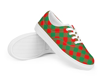 Chaussures de sport en toile à lacets pour femmes à carreaux rouges et verts de Noël, baskets pour femmes, cadeau pour elle, jolies chaussures de sport confortables pour soigner vos pieds