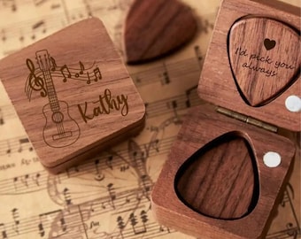 Étui de choix de guitariste personnalisé, boîte de médiator en bois gravée par guitariste, cadeau pour joueur de guitare, rangement de médiator de guitariste, cadeau pour