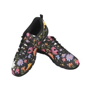 Black Floral Women's Lace-Up Canvas Shoes, Spring Casual Sneakers with Floral Print, Stylish Comfortable Walking Shoes,Gift for Her Footwear