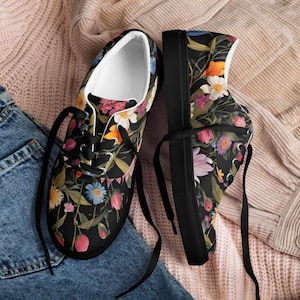 Black Floral Women's Lace-Up Canvas Shoes, Spring Athletic Sneakers, Casual Floral Print Shoes, Stylish Walking Shoes, Sneaker Gift for Her