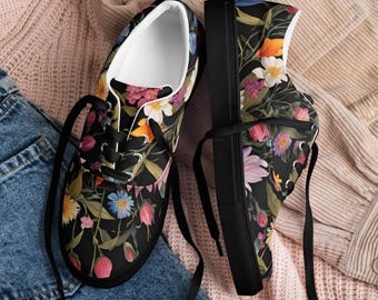 Black Floral Canvas Lace-Up Sneakers: Women's Spring Athletic Shoes