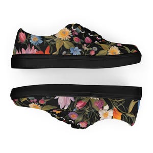 Black Floral Women's Lace-Up Canvas Shoes, Spring Athletic Sneakers, Casual Floral Print Shoes, Stylish Walking Shoes, Sneaker Gift for Her