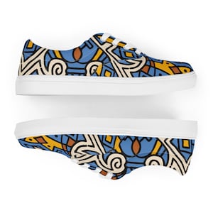 Women’s blue/multi modern art inspired lace-up canvas athletic shoes,  perfect gift for her ,cute comfy athletic shoes to treat your feet