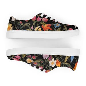 Women's Lace-Up Canvas Shoes, Spring Floral Sneakers with Black Background, White Sole Casual Shoes, Stylish Gift for Her, Trendy Footwear