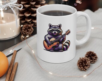 Mapache tocando la guitarra Taza de estilo vintage, taza gráfica clásica, taza de papá guitarra, taza de café para amantes de los mapaches, lindo cumpleaños o regalos del día del padre