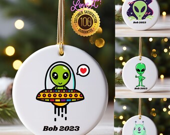 Custom Little Green Alien Christmas ornaments, UFO Alien Ornament, Ceramic Christmas Ornament, personalized ornament, alien gift ornaments