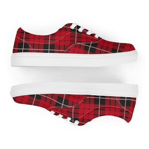 Women’s Red Plaid lace-up canvas athletic shoes, womens tie sneakers, the perfect gift for her ,cute comfy athletic shoes to treat your feet