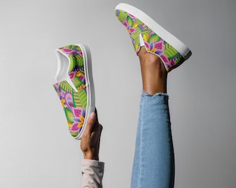 Zapatillas de lona sin cordones con estampado floral tropical: zapatillas cómodas para mujer