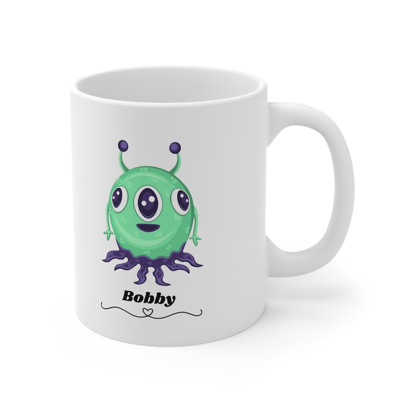 Personalized Little Green Alien Coffee Mug, Ceramic Alien UFO Name Mugs