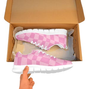 Women’s Breathable Pink Abstract Checker Sneakers, Lightweight Trainers for Gym, Walking, Athletic, and Casual Everyday Wear, Stylish Design