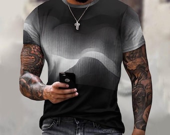 Men&#39;s blended art Ombre Pattern T-Shirt -Sleek Cotton All-Over Print Tee - Modern Minimalist Gift Shirt for Guys - Stylish Form Fit Tee