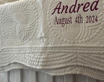 Monogram Baby Quilt: Personalized Newborn Gift, Embroidered Cotton Blanket (43x34 inches)
