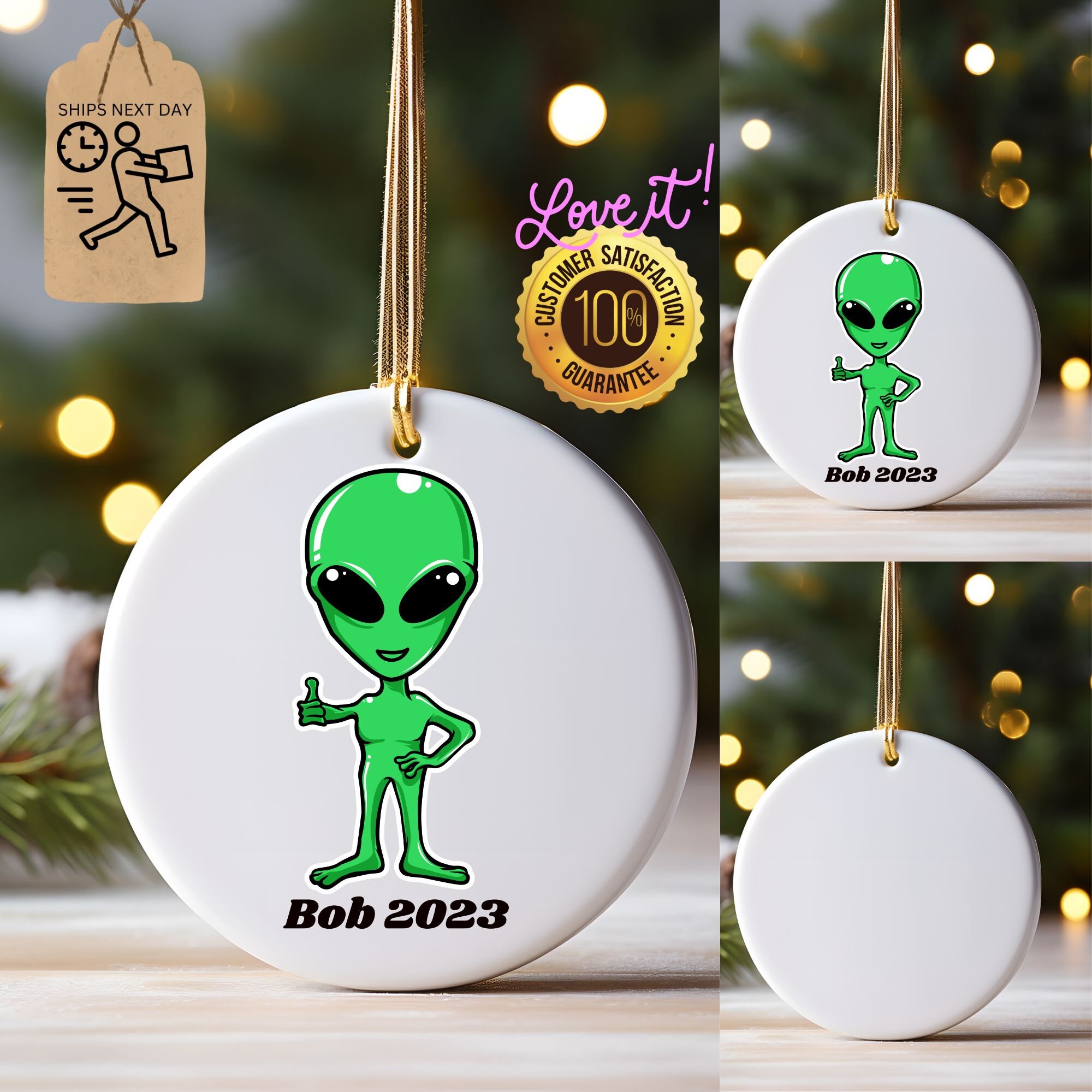 Personalized Green Alien Christmas Ornaments, Custom Ceramic Alien ...