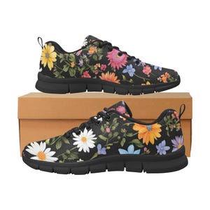 Black Floral Women's Lace-Up Canvas Shoes, Spring Casual Sneakers with Floral Print, Stylish Comfortable Walking Shoes,Gift for Her Footwear