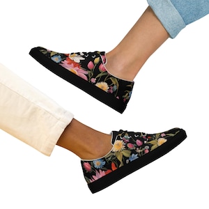 Black Floral Women's Lace-Up Canvas Shoes, Spring Athletic Sneakers, Casual Floral Print Shoes, Stylish Walking Shoes, Sneaker Gift for Her
