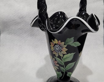 Fenton Black Basket with Sunflower Pattern