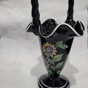 Fenton Black Basket with Sunflower Pattern