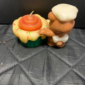 Vintage jasco Christmas friend, baker teddy bear and cupcake wax holder with candle.