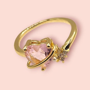 Pink Heart Zircon Ring: 14K Gold Plated Celestial Star Planet Kawaii Jewelry