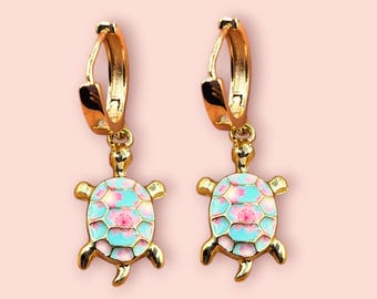 Gold Hoop Turtle Earrings: Enamel Tortoise Charms, Ocean-Inspired Jewelry