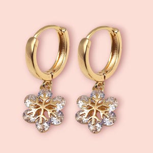 Snowflake Hoop Earrings with Zircon Charm| 24K Gold-Plated Festive Jewelry | Valentine&#39;s & Winter Statement Earrings for Her