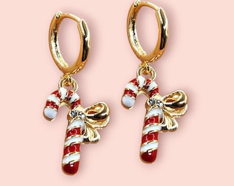 Festive Candy Cane Hoop Earrings – 18K Gold Plated Christmas Hoops, Cute Red & White Charm Earrings, Holiday Jewellery Gift for Her