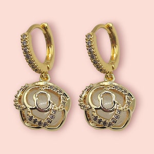 Dangle Rose Earrings, Flower Earrings, 14K Gold Plated, Huggie Hoop Earrings, Anniversary Gift, Gift for Her, Drop Earrings, Wedding Jewelry
