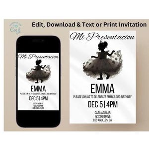 Presentacion invite for 3 year old girl. Beautiful dress silhouette. Edit, Download and Text or Print Invitations! Presentacion 3 años